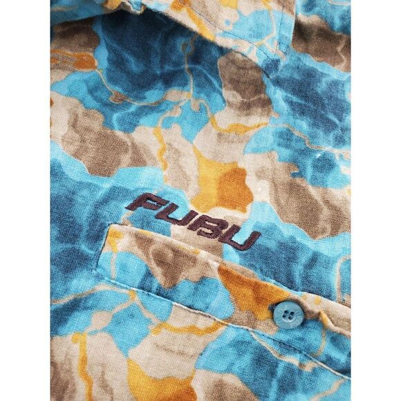 Vtg Fubu SS Button Up Shirt Men 2XL Blue Tan Geometric Plaid Linen Blend 90s Y2K - Picture 7 of 14